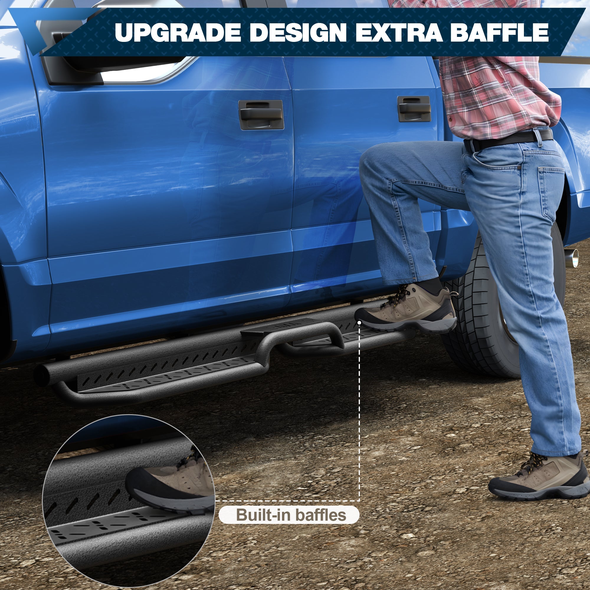 Upgrade Design Extra Baffle with Built-In Baffles – Easy Entry Running Boards for 2005-2023 Toyota Tacoma Crew Cab | POFENZE