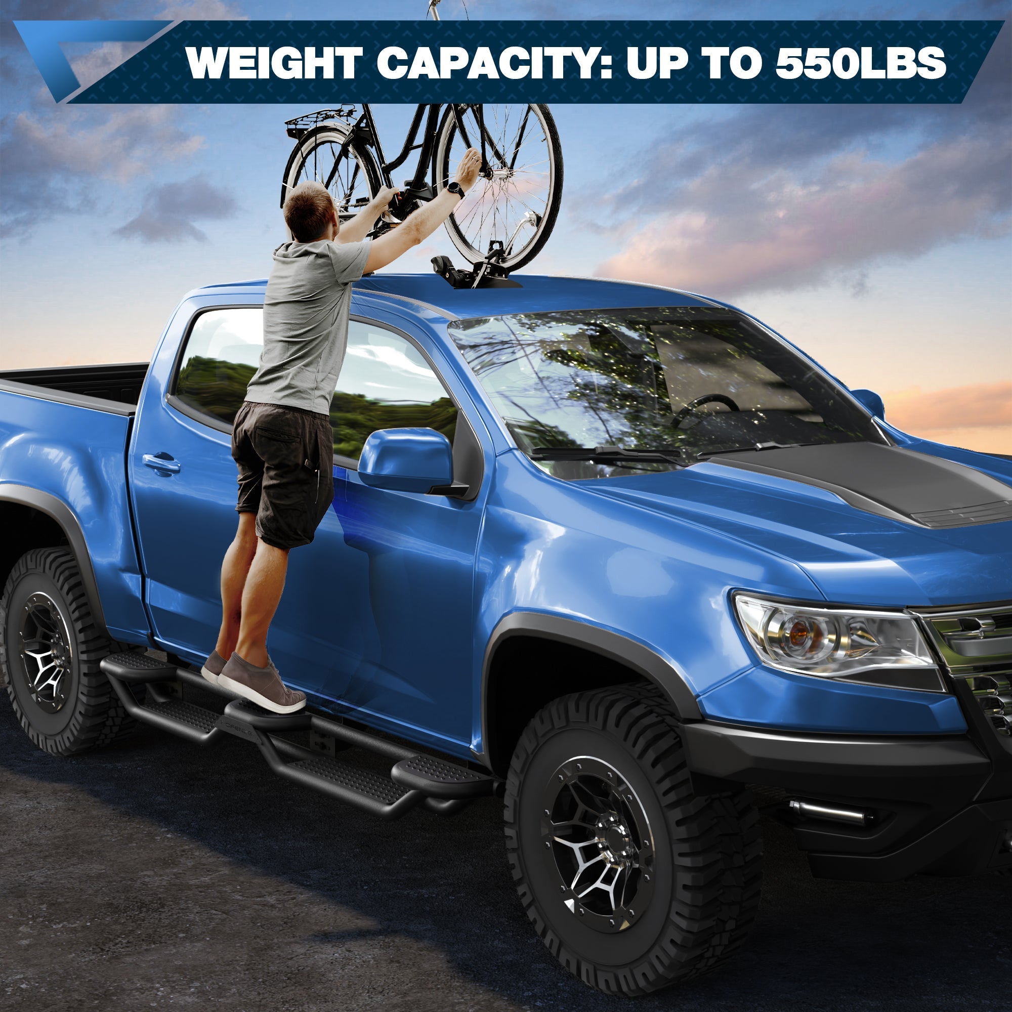 POFENZE Chevy Colorado GMC Canyon Crew Cab black running boards side view, off-road ready