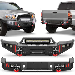 Sierra Steel Front and Rear Bumper Set for 2016-2017-2018 GMC Sierra 1500 Pickup Truck with Winch Plate and LED Lights - POFENZE