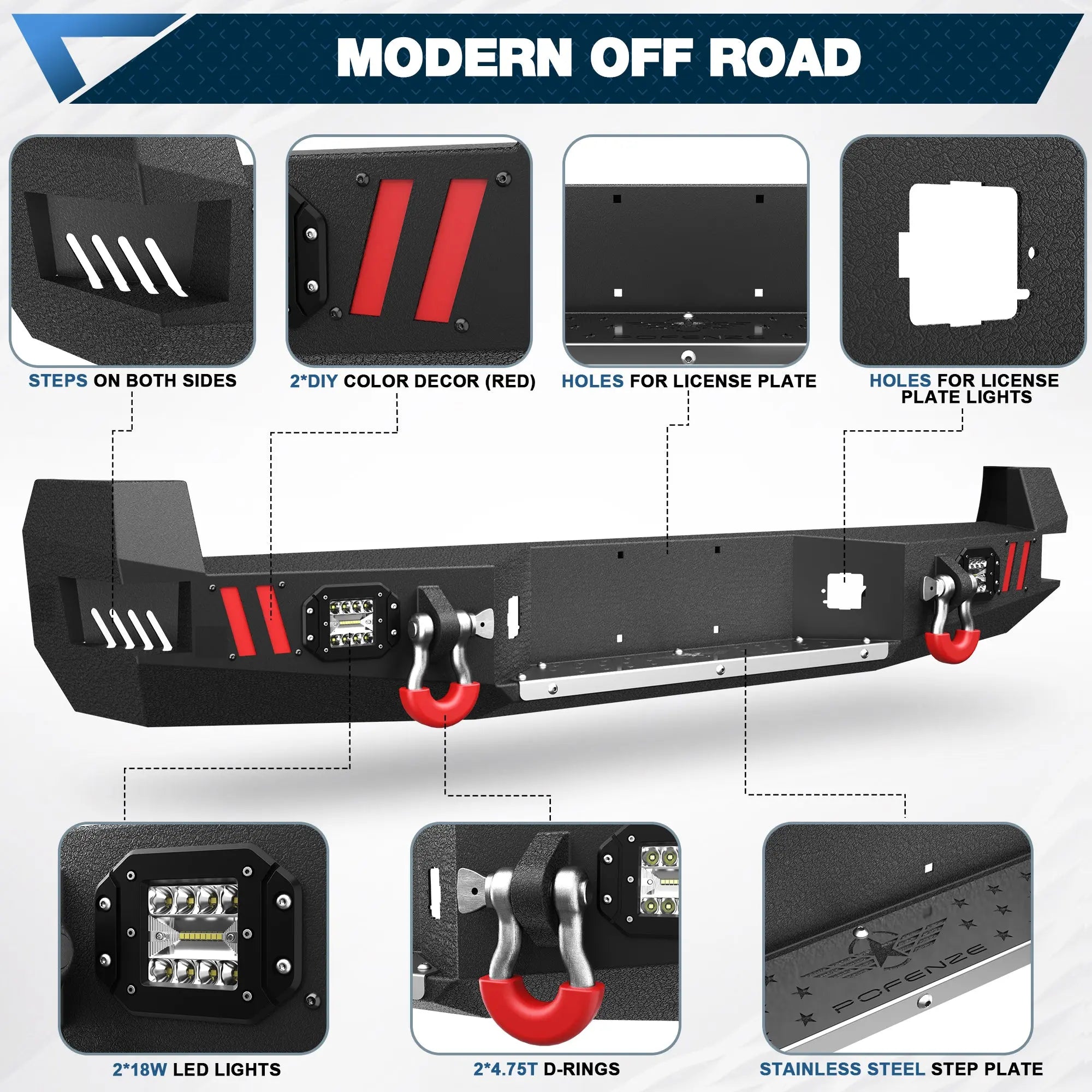 Sierra Steel Front and Rear Bumper Set for 2016-2017-2018 GMC Sierra 1500 Pickup Truck with Winch Plate and LED Lights - POFENZE