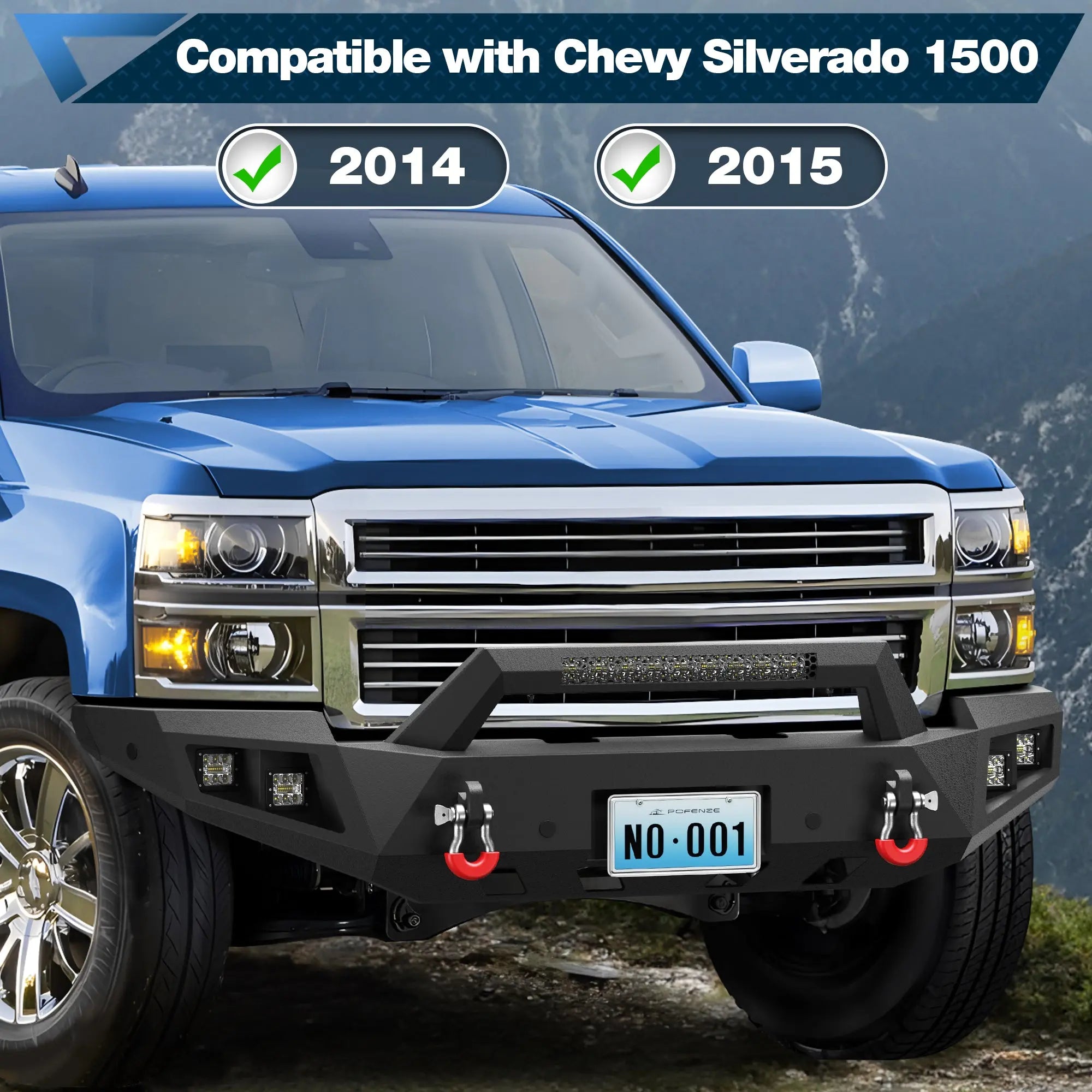 Silverado 1500 Front Bumper for 2014 2015 Chevy Silverado 1500 Pickup, Include Winch Plate, LED Lights and D-rings POFENZE