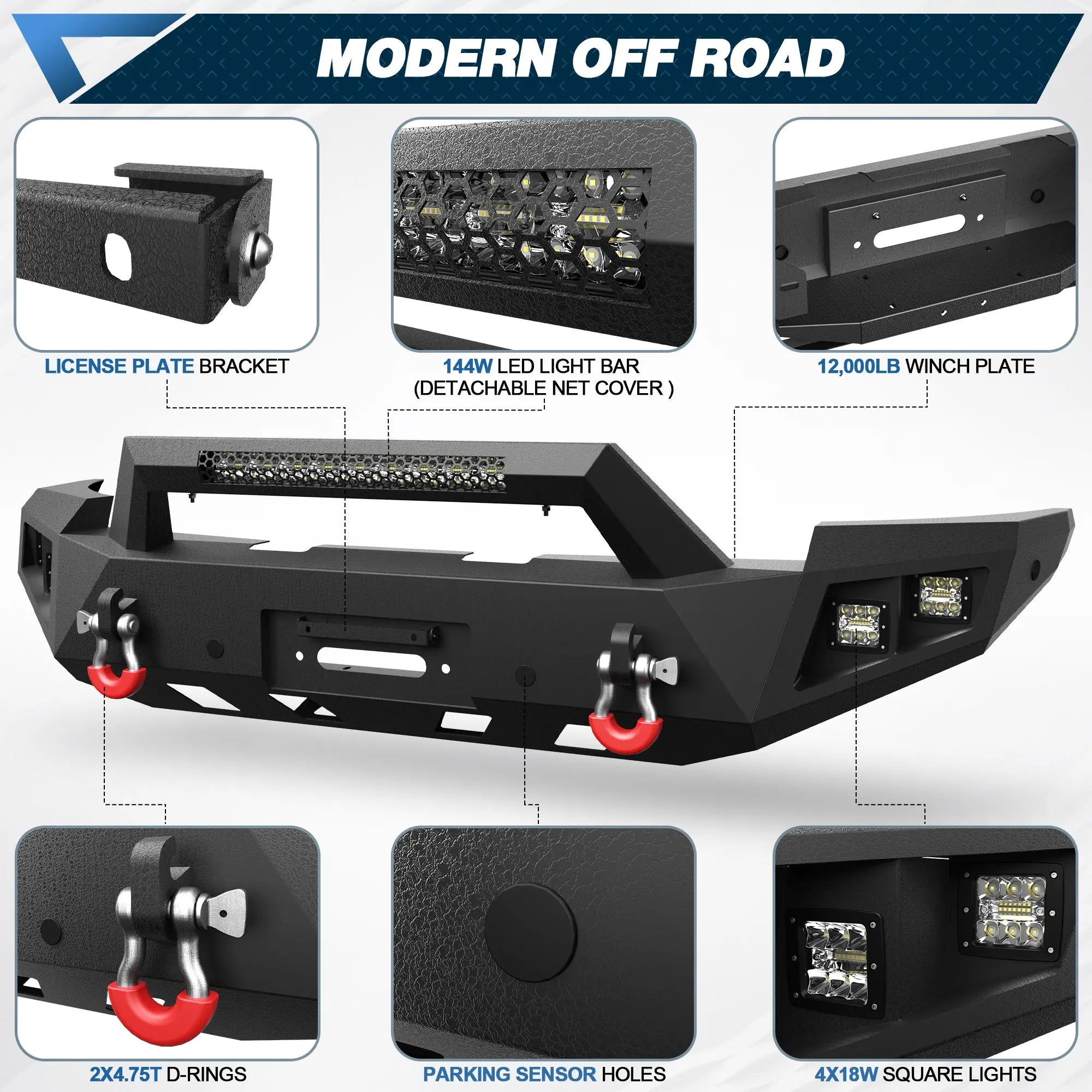 Silverado 1500 Front Bumper for 2014 2015 Chevy Silverado 1500 Pickup, Include Winch Plate, LED Lights and D-rings POFENZE