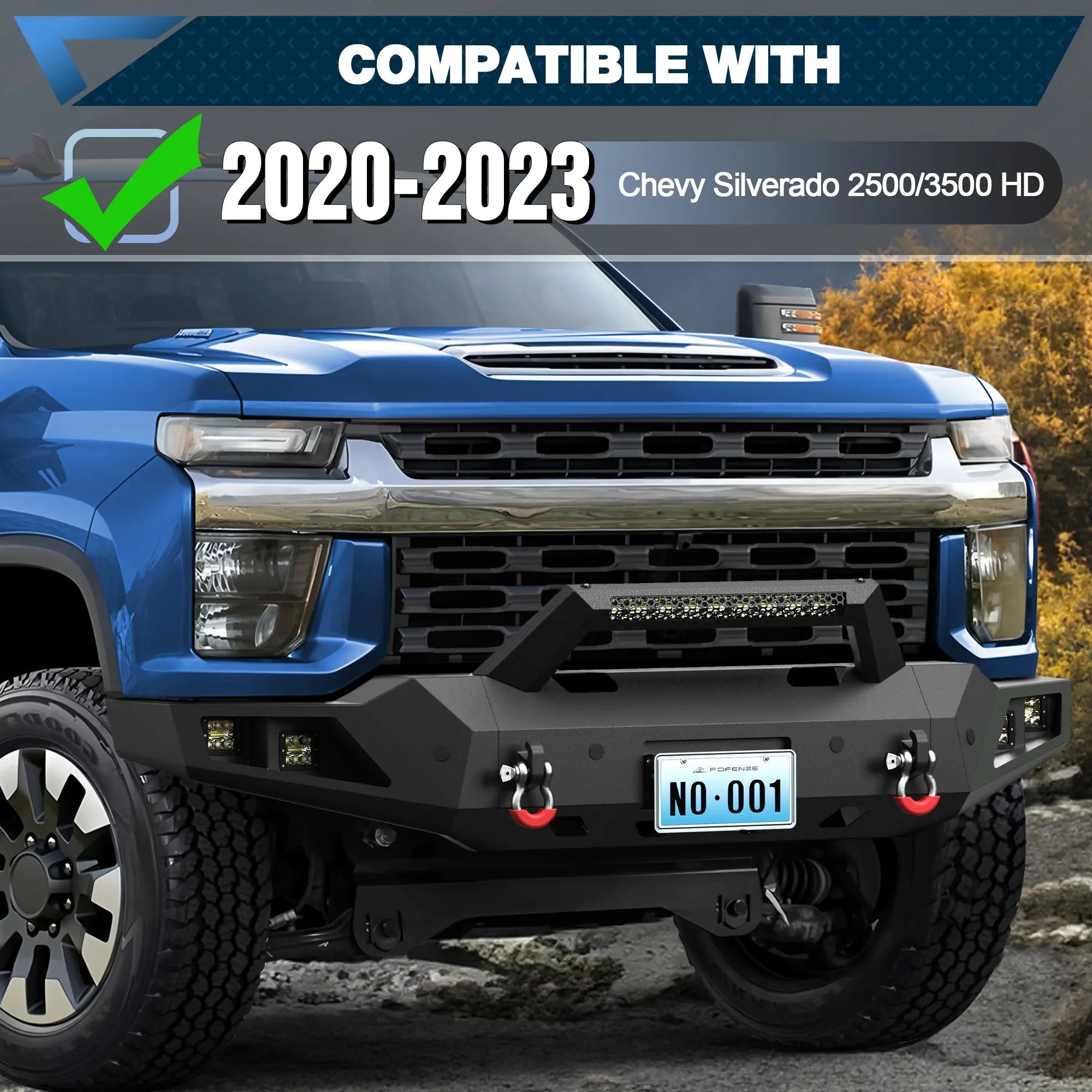 Silverado Full Width Front Bumper for 2020 2021 2022 2023 Chevy Silverado 2500/3500 HD w/Winch Plate, Lights and D-rings - POFENZE