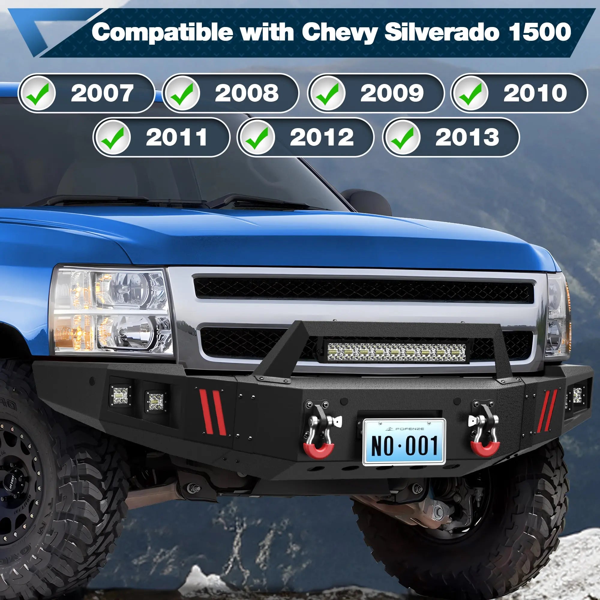 Silverado Full Width Front Bumper for Chevy Silverado 1500 2007-2013, Textured Black Pickup Truck Bumper for Silverado 2007-2013, with Winch Plate, Lights and D-rings POFENZE