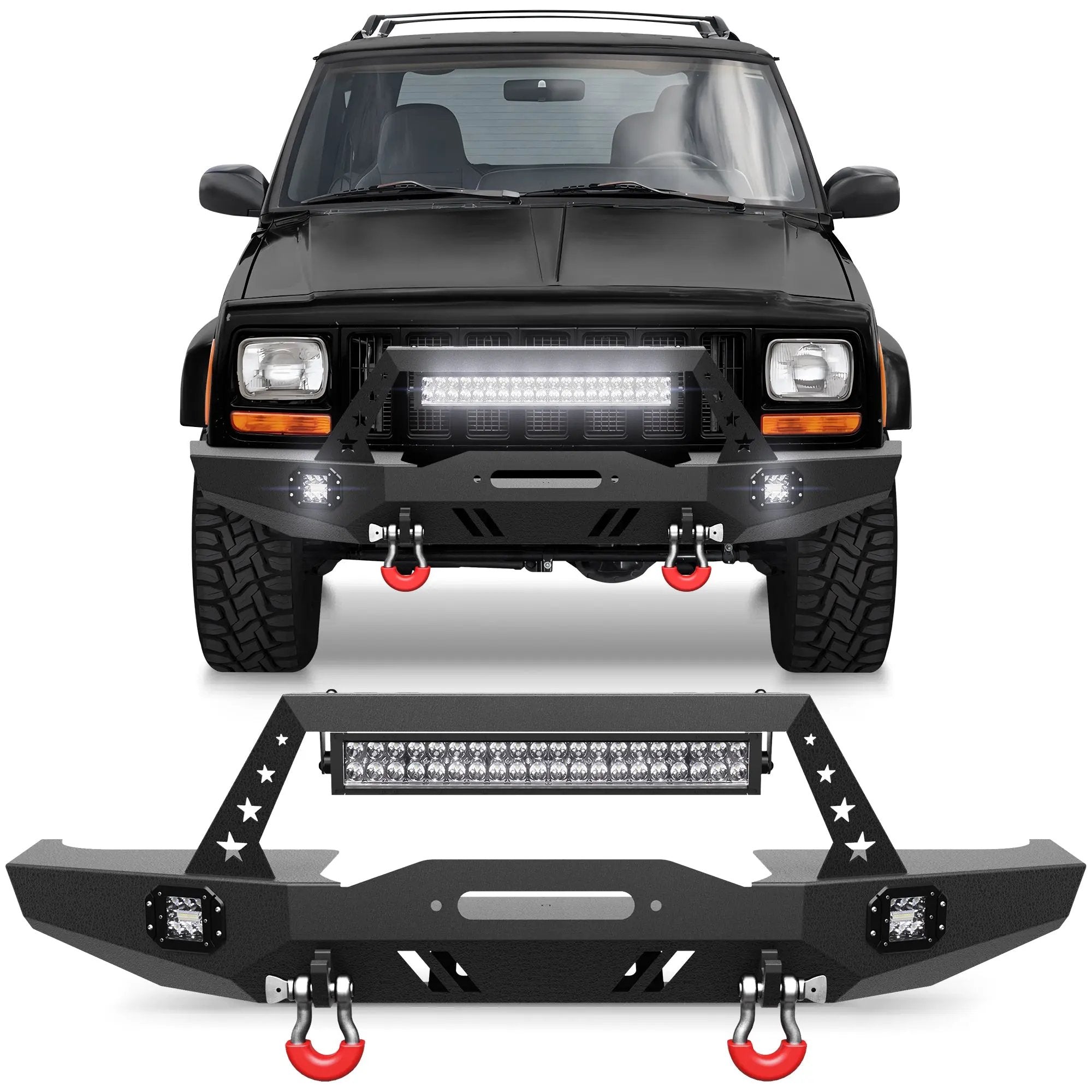 Steel Bumper For Jeep XJ Front Bumper Compatible with 1984-2001 Jeep Cherokee XJ with Winch Plate and Lights - POFENZE