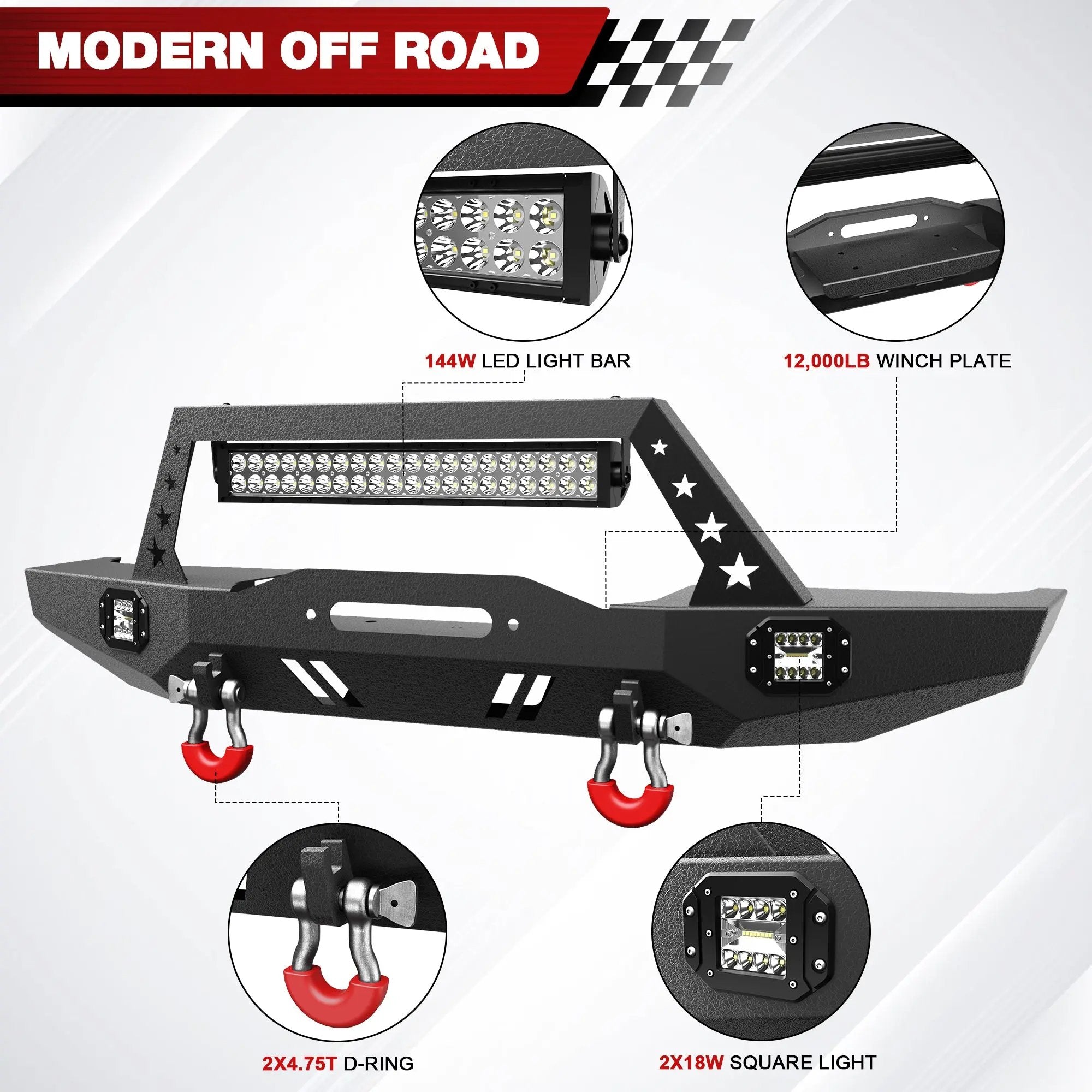 Steel Bumper For Jeep XJ Front Bumper Compatible with 1984-2001 Jeep Cherokee XJ with Winch Plate and Lights - POFENZE