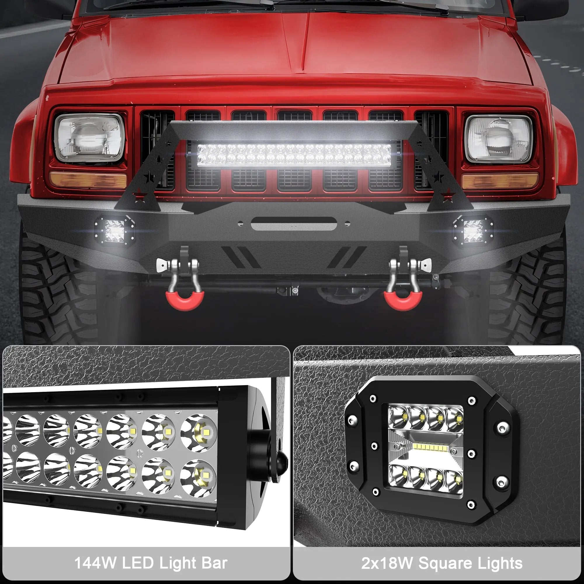 Steel Bumper For Jeep XJ Front Bumper Compatible with 1984-2001 Jeep Cherokee XJ with Winch Plate and Lights - POFENZE