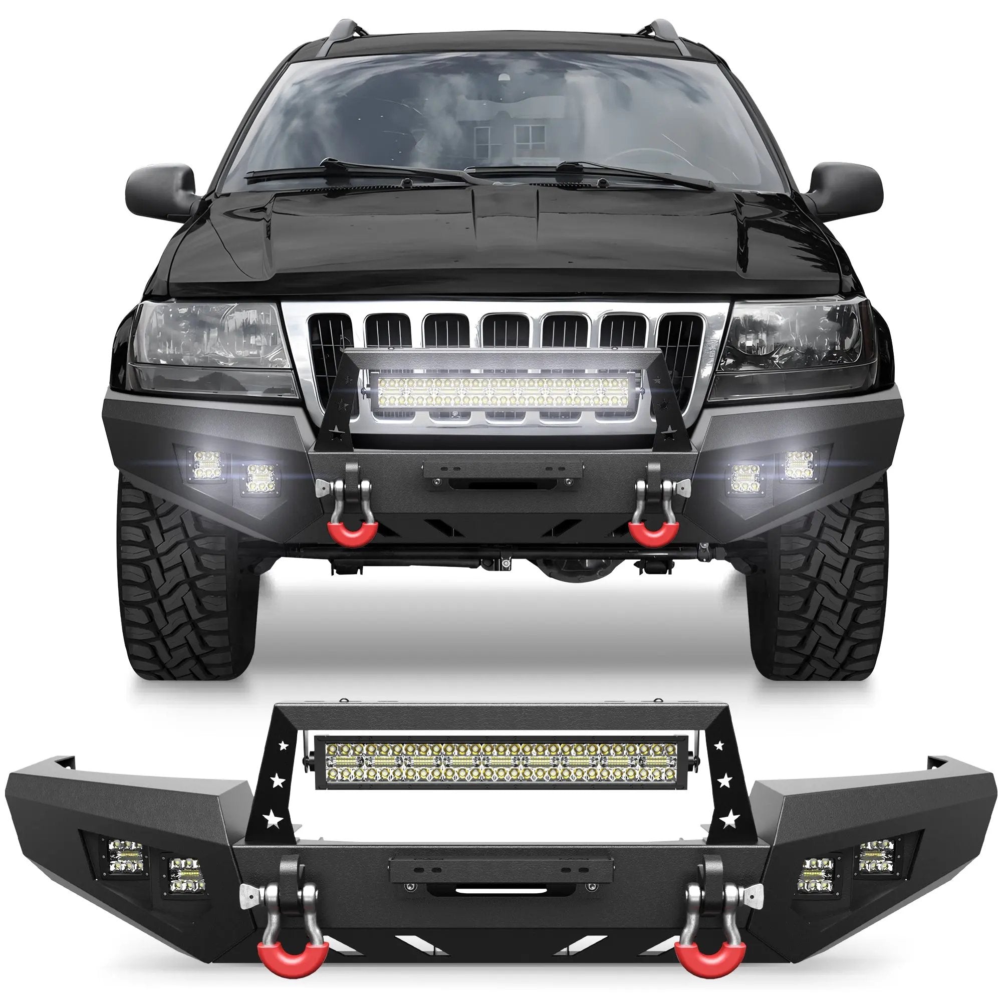 Steel Bumper for Grand Cherokee WJ Front Bumper for 1999 2000 2001 2002 2003 2004 Jeep Grand Cherokee WJ with Winch Plate and Lights - POFENZE