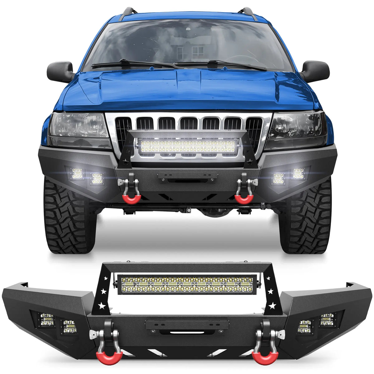 Steel Bumper for Grand Cherokee WJ Front Bumper for 1999 2000 2001 2002 2003 2004 Jeep Grand Cherokee WJ with Winch Plate and Lights