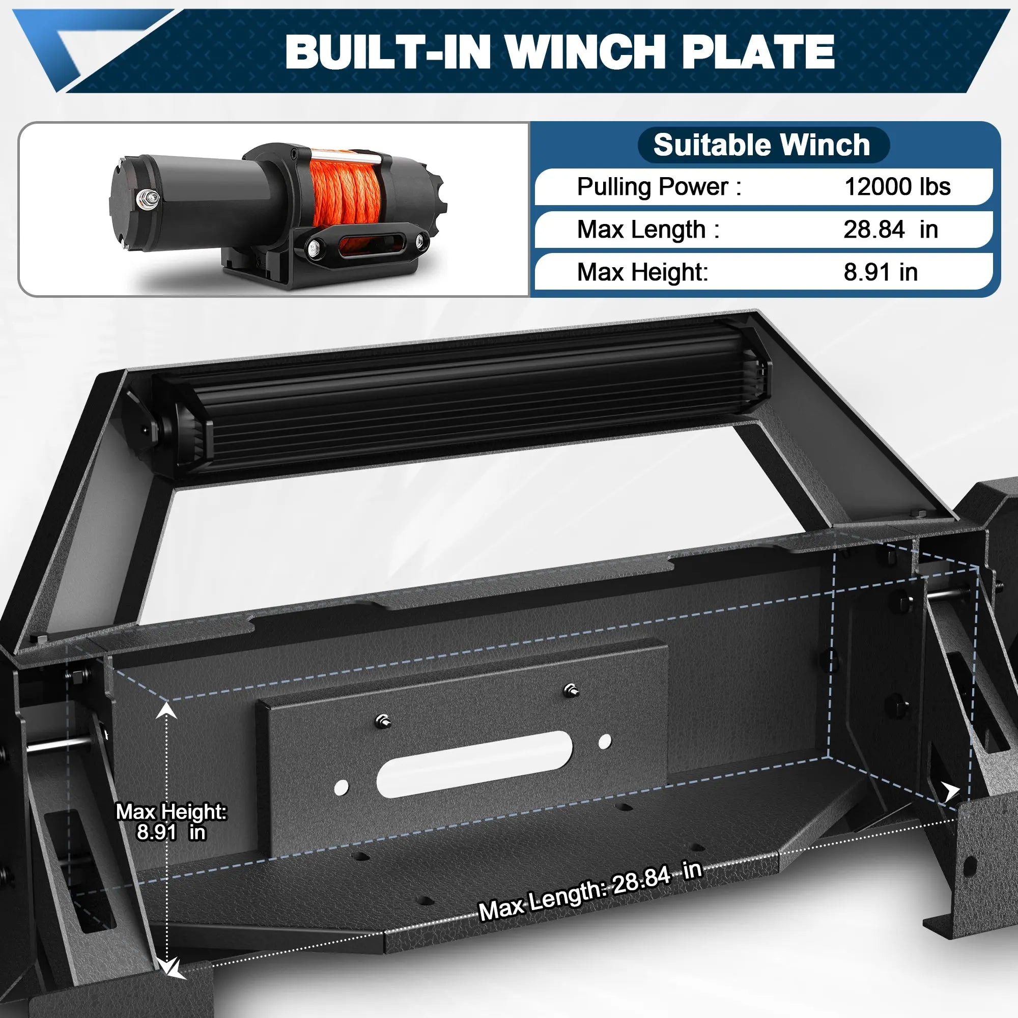 Tacoma Front Bumper Full Width for 2005-2015 Tacoma 2nd Gen Pickup, w/Winch Plate, LED Lights, D-rings and License Plate Bracket POFENZE