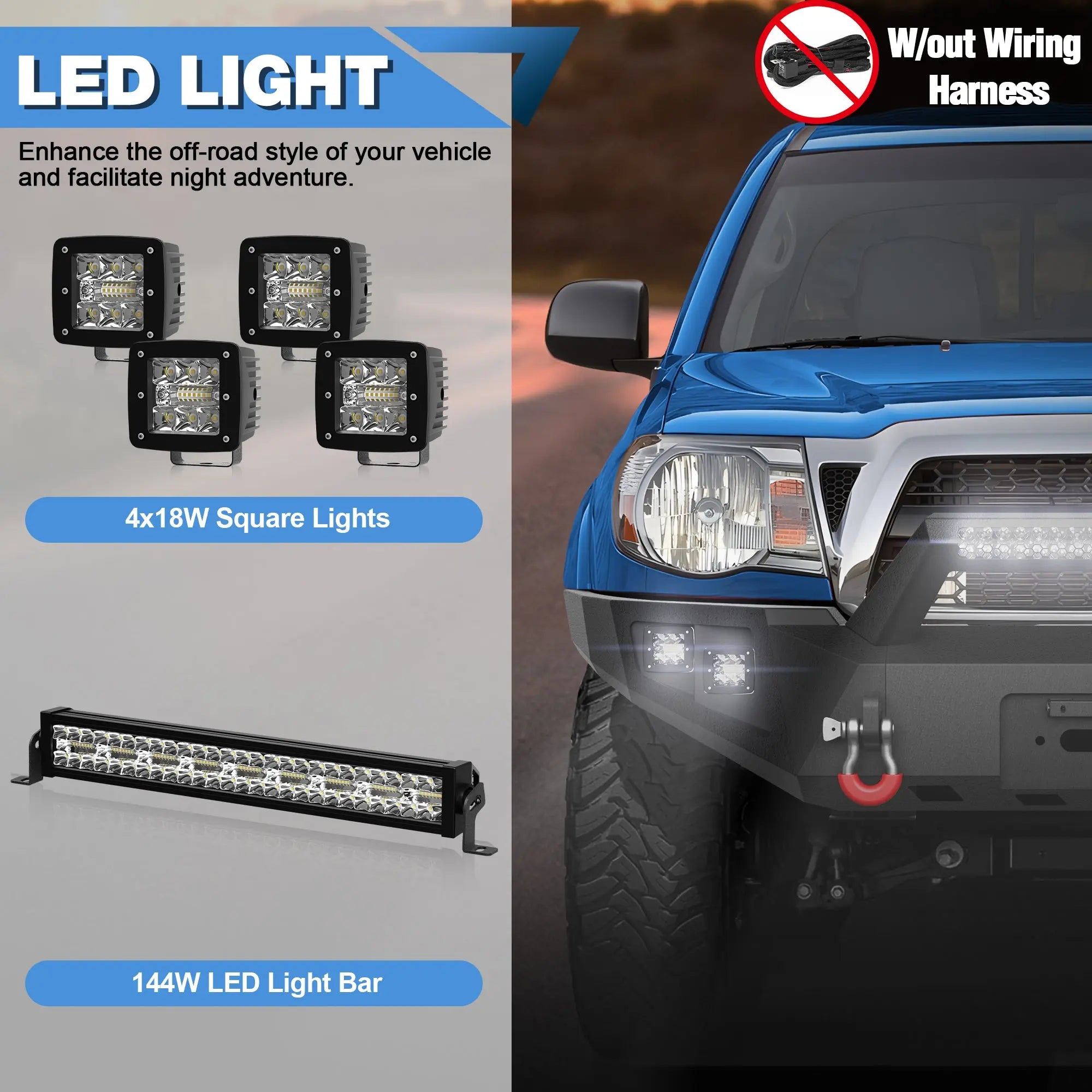 Tacoma Front Bumper Full Width for 2005-2015 Tacoma 2nd Gen Pickup, w/Winch Plate, LED Lights, D-rings and License Plate Bracket POFENZE