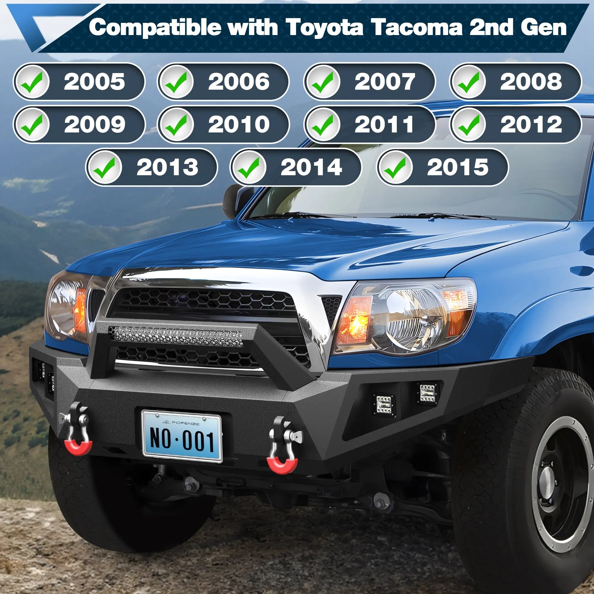 Tacoma Front Bumper Full Width for 2005-2015 Tacoma 2nd Gen Pickup, w/Winch Plate, LED Lights, D-rings and License Plate Bracket POFENZE