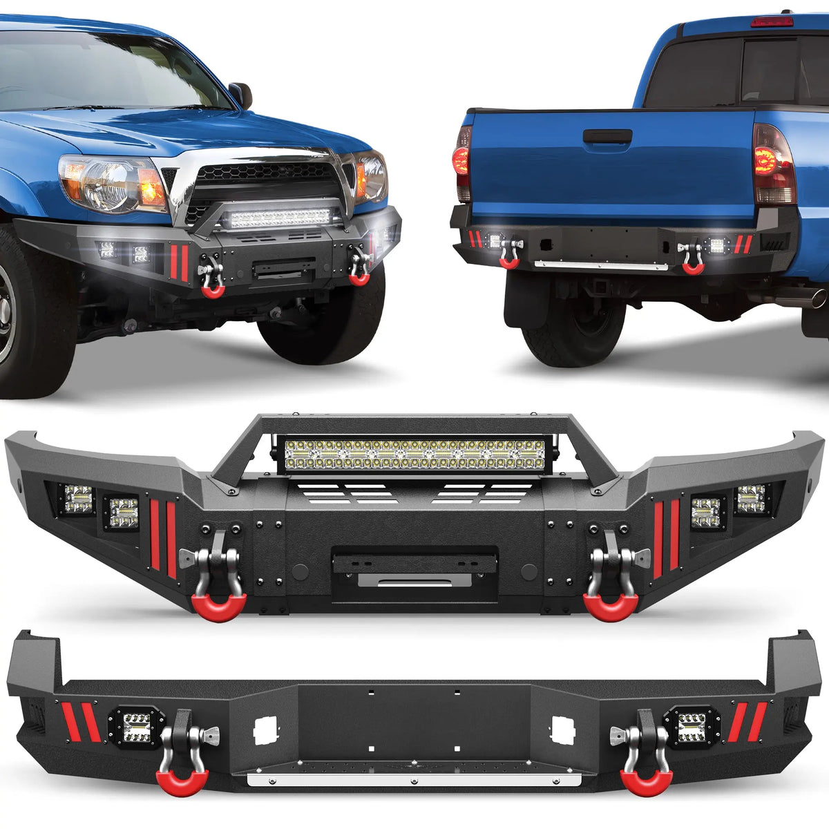 Tacoma Front and Rear Bumper Set for 2005-2015 Toyota Tacoma 2nd Gen Pickup Truck Full Width and Heavy-duty Bumpers Including Winch Plate - POFENZE