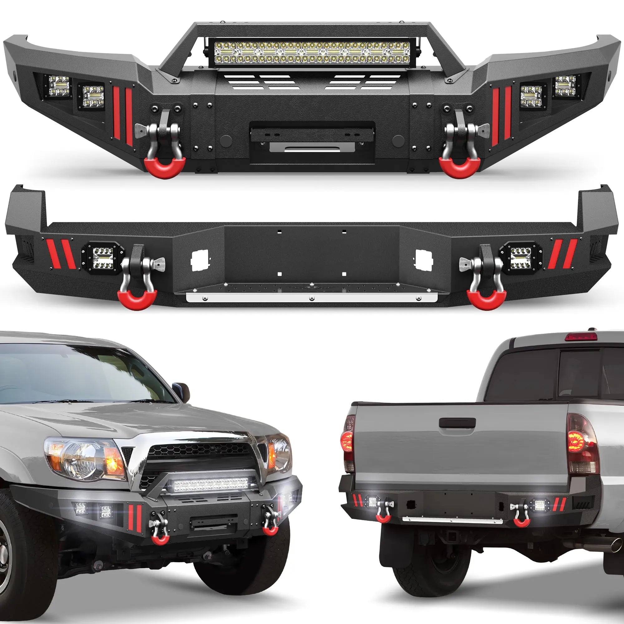 Tacoma Front and Rear Bumper Set for 2005-2015 Toyota Tacoma 2nd Gen Pickup Truck Full Width and Heavy-duty Bumpers Including Winch Plate - POFENZE