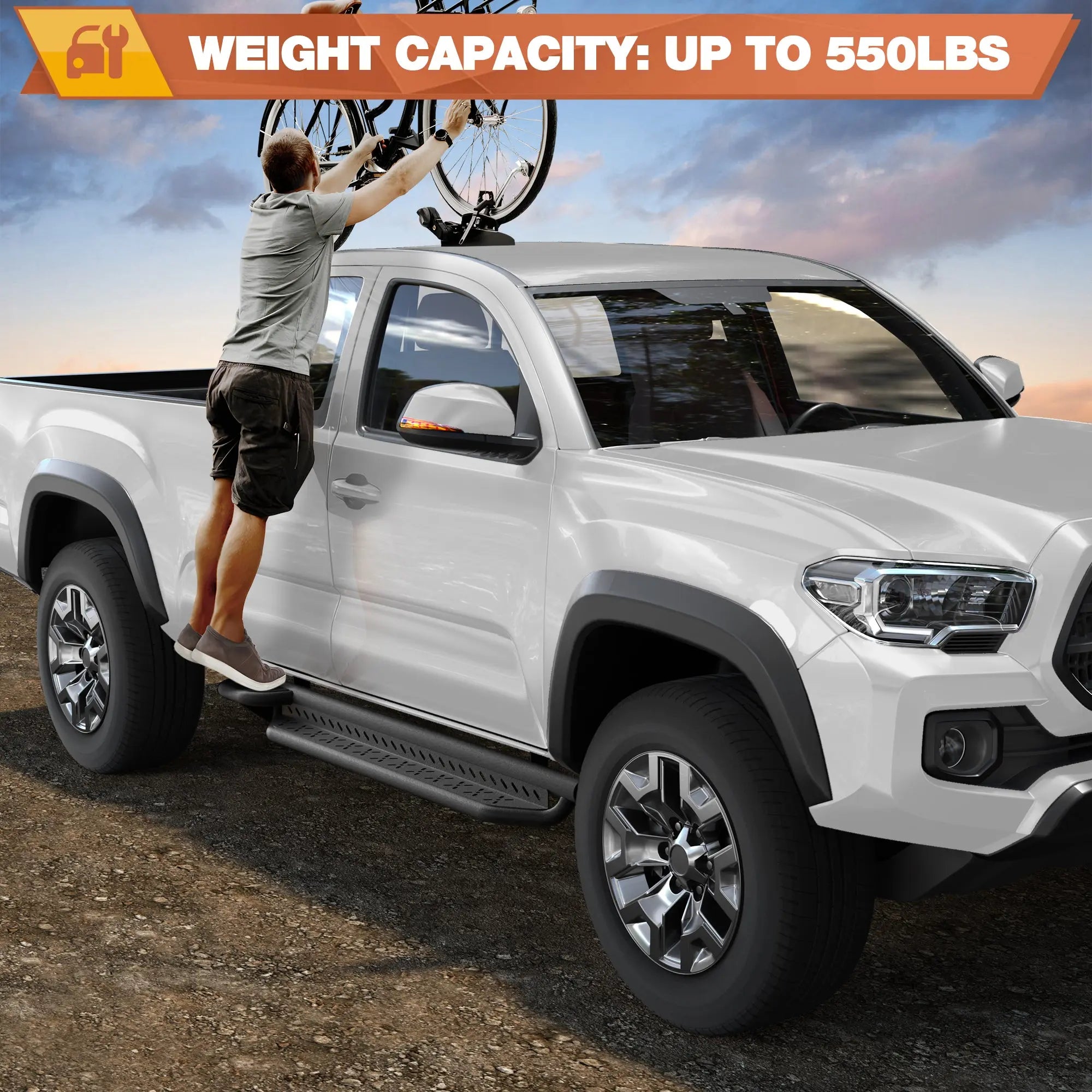 Tacoma Running Boards Two Raised Side Step Compatible for Toyota Tacoma Access Cab 2005-2023 (2 Door Only), 2 Stairs Step Rails Powder Coated Black Carbon Steel Nerf Bars POFENZE