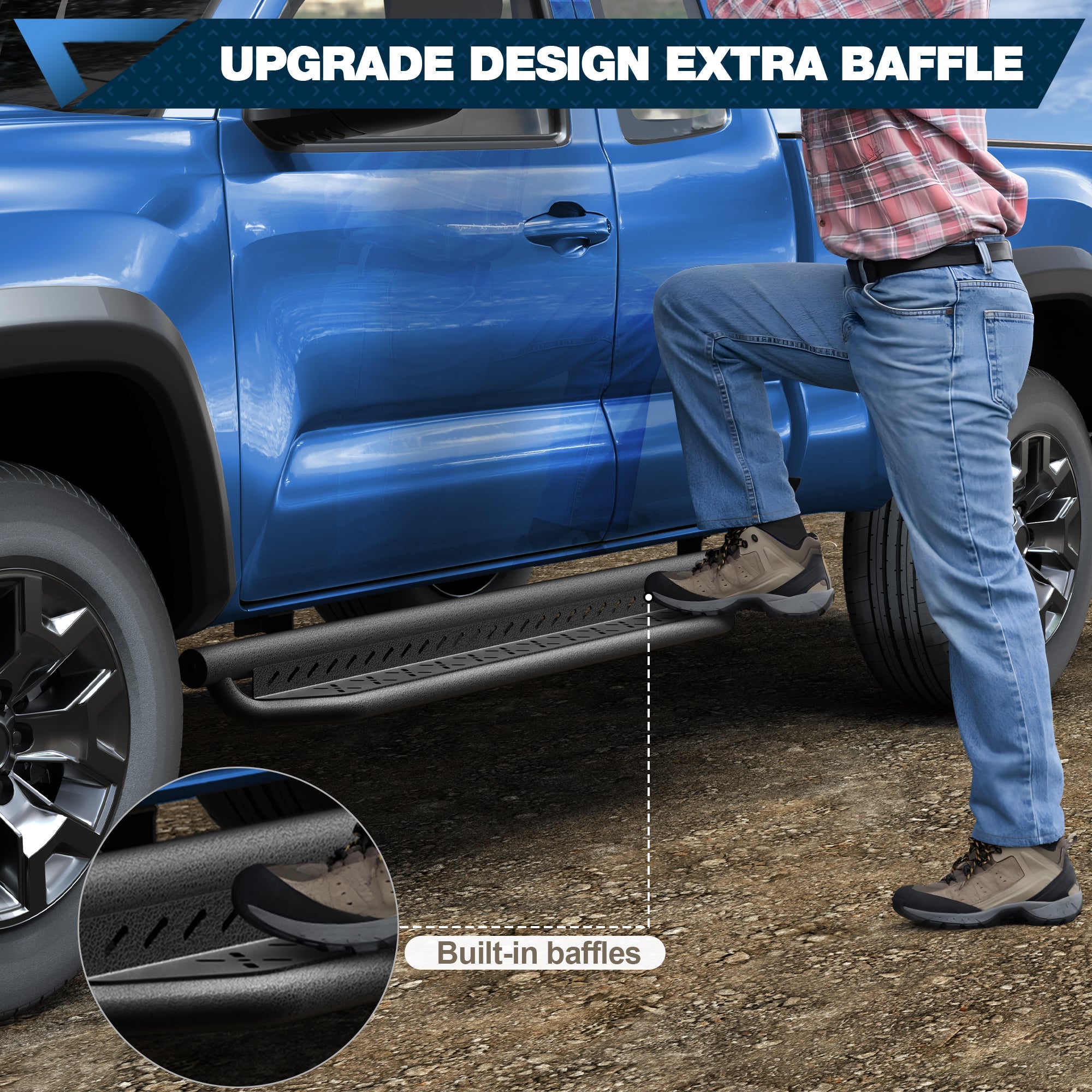 Anti-Slip Step Surface Close-Up – POFENZE Side Steps for 2005-2023 Toyota Tacoma Access Cab Black Nerf Bars
