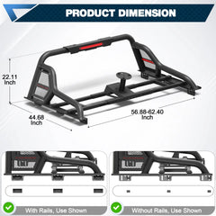 Truck Roll Bar Adjustable 56.88"–62.40" Universal Fit Mid-Size Pickup Truck with/without Bed Rails Sport Roll Bar with Brake Light POFENZE 