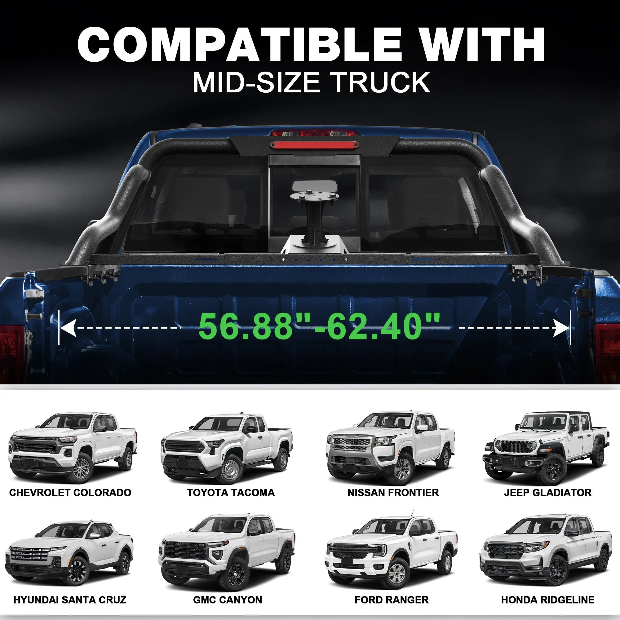 Truck Roll Bar Adjustable 56.88"–62.40" Universal Fit Mid-Size Pickup Truck with/without Bed Rails Sport Roll Bar with Brake Light POFENZE 