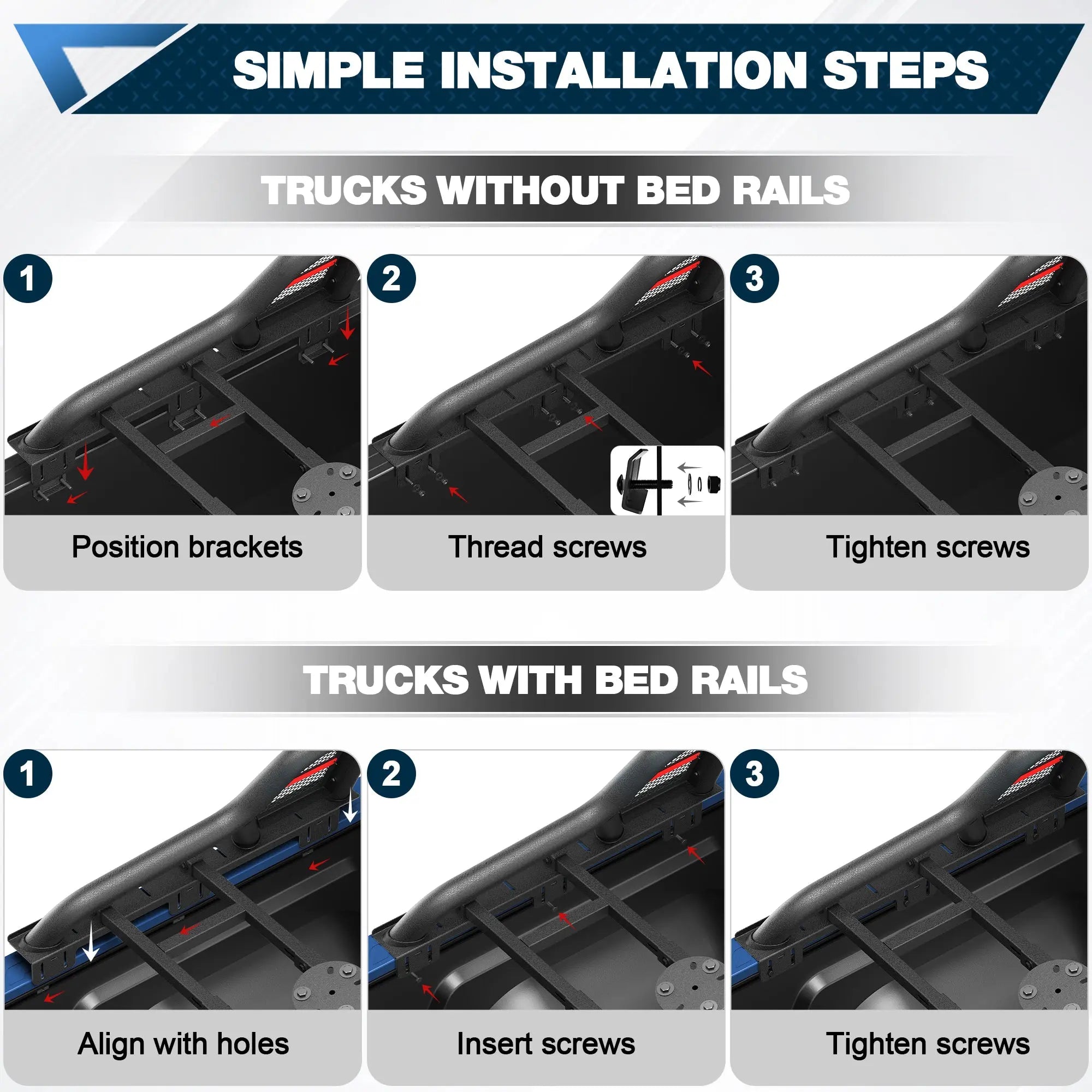 Truck Roll Bar Adjustable 56.88"–62.40" Universal Fit Mid-Size Pickup Truck with/without Bed Rails Sport Roll Bar with Brake Light POFENZE 